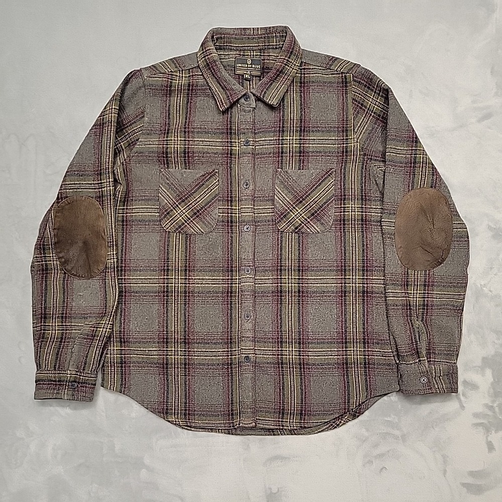 United By Blue Shirt Men XL Grey Plaid Elbow Patch Flannel Wool Blend Outdoor